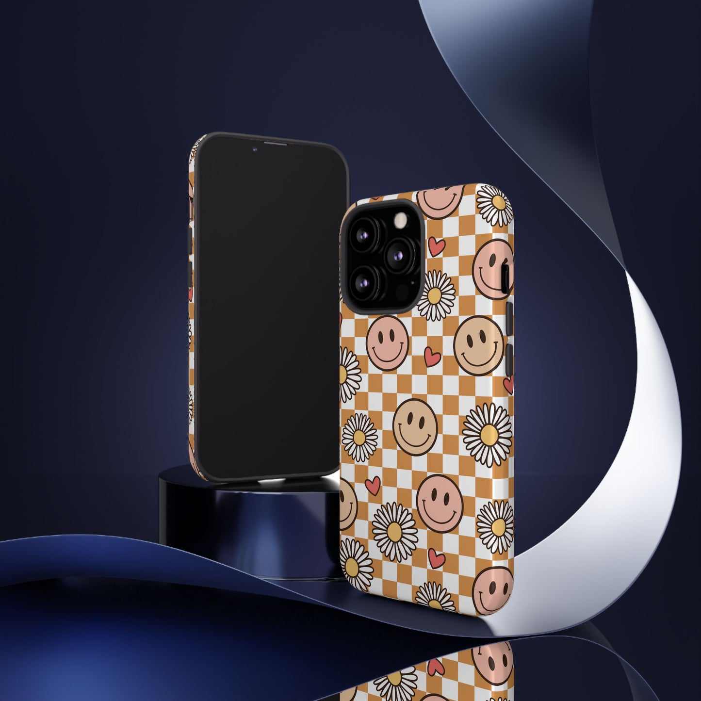 Checkerboard Happy Faces and Daisies, Cheerful Phone Cover Tough Case