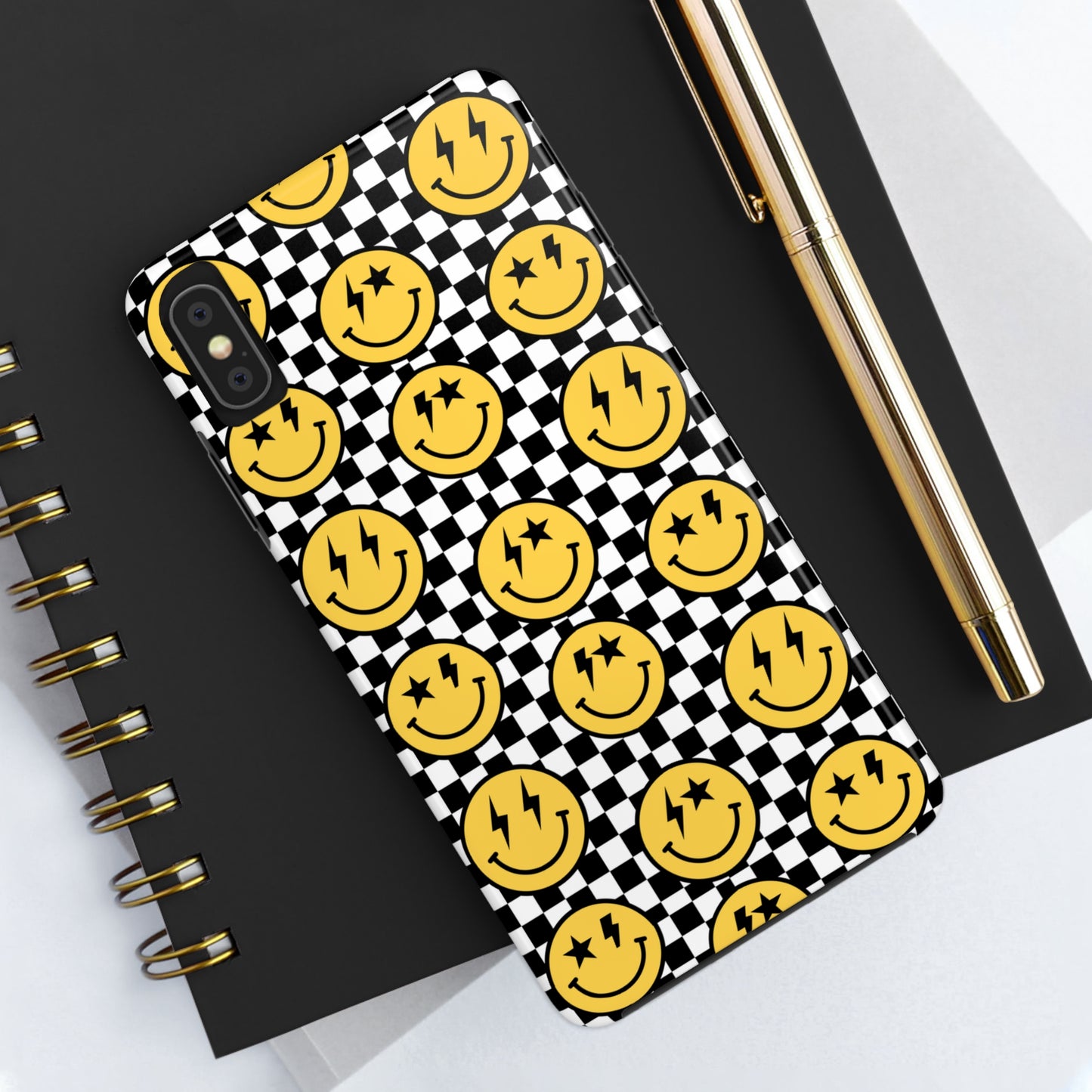 Black And White Checkered Flag Happy Face Tough Phone Cases