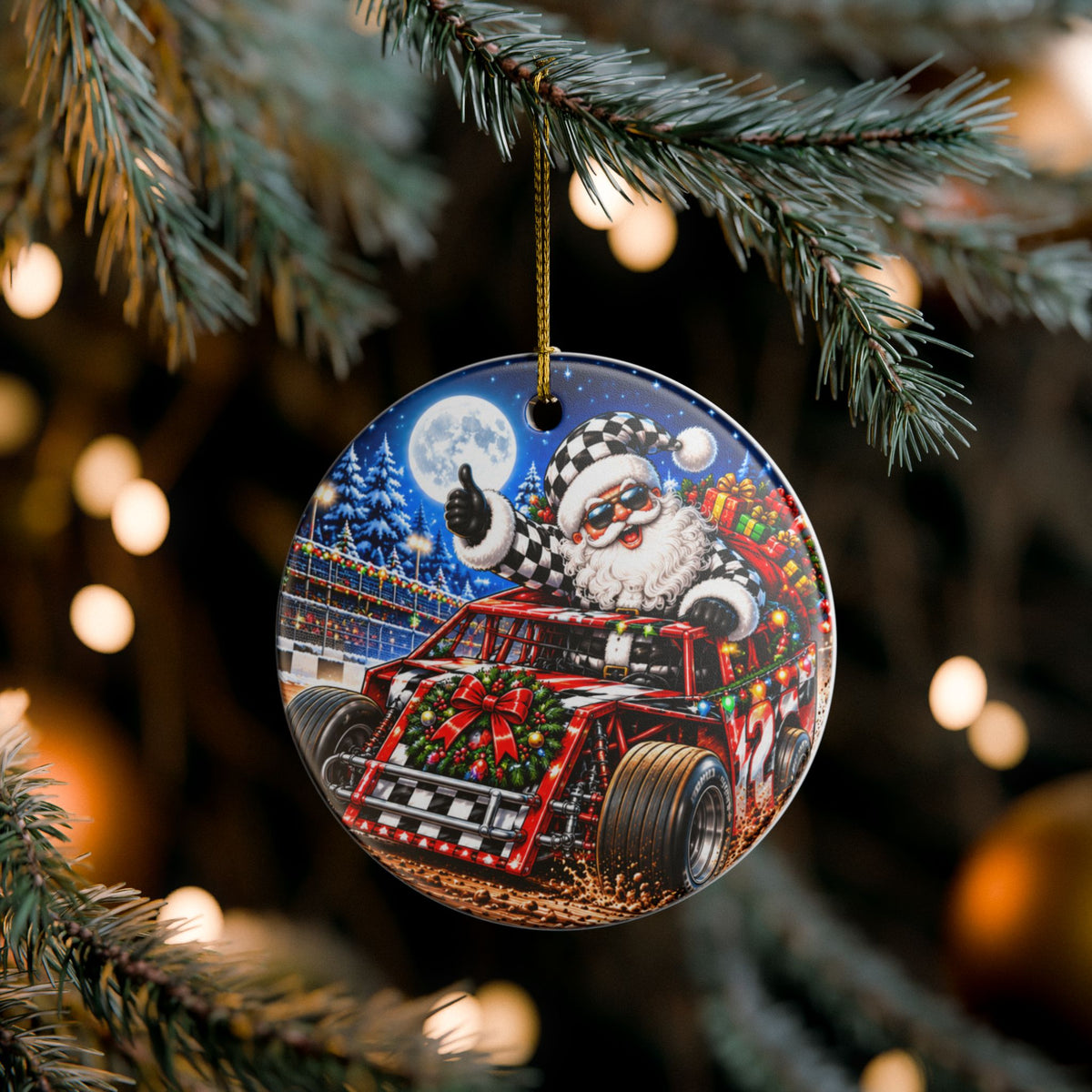 Modified Christmas Racing Santa Ceramic Ornament