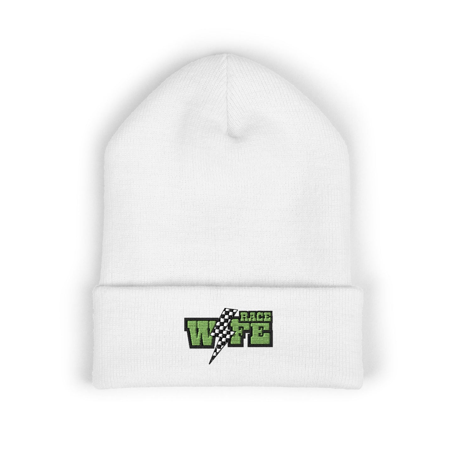 Classic Cuffed Beanie with Embroidered Race Wife Lightning Design