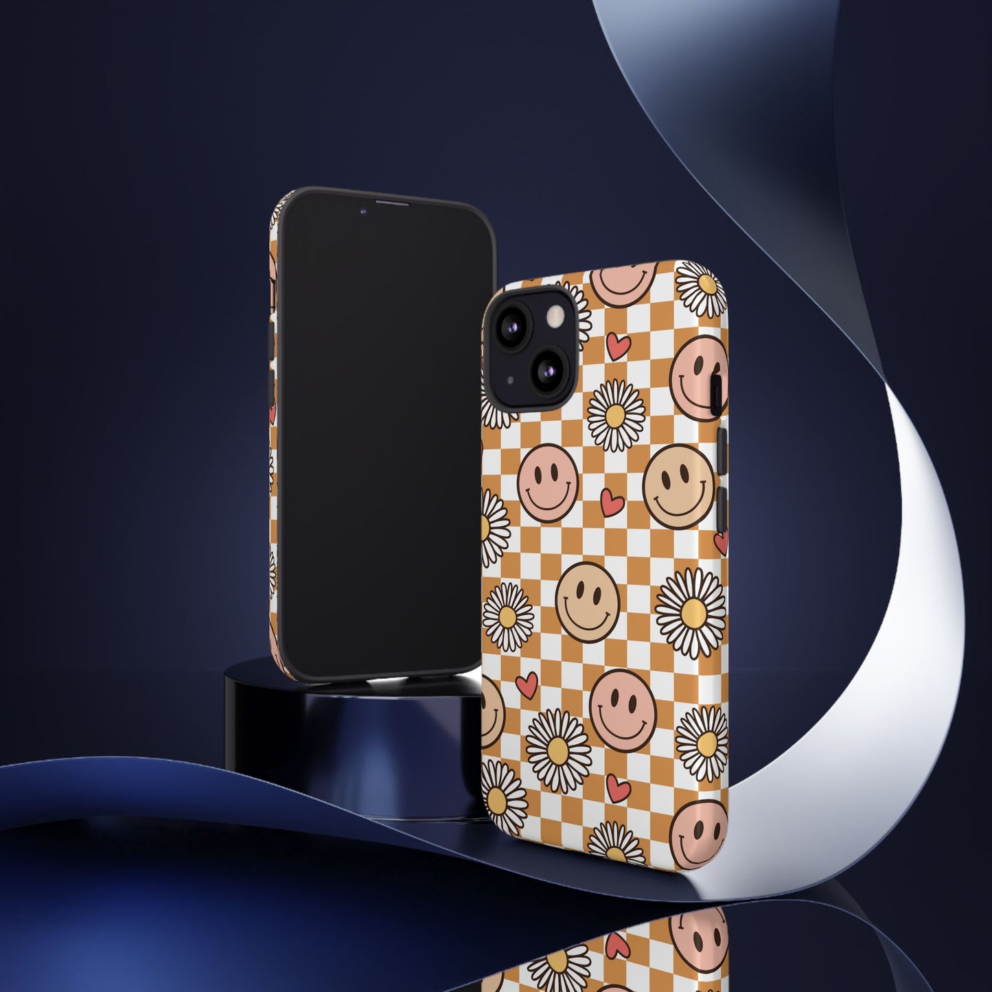 Checkerboard Happy Faces and Daisies, Cheerful Phone Cover Tough Case