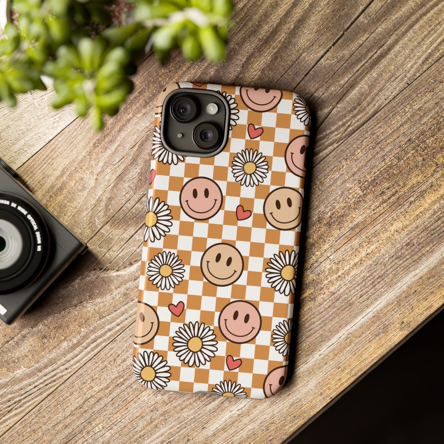 Checkerboard Happy Faces and Daisies, Cheerful Phone Cover Tough Case