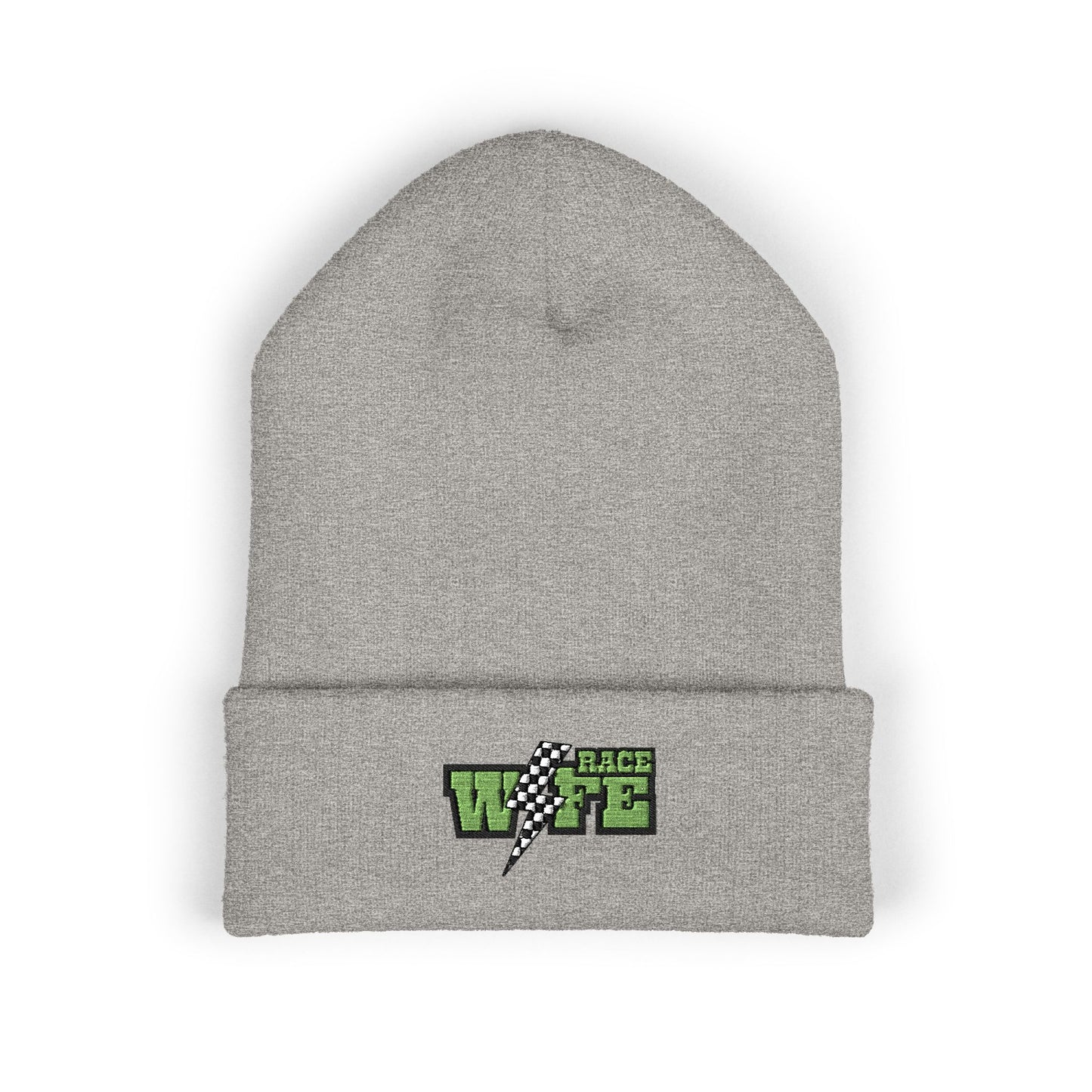 Classic Cuffed Beanie with Embroidered Race Wife Lightning Design
