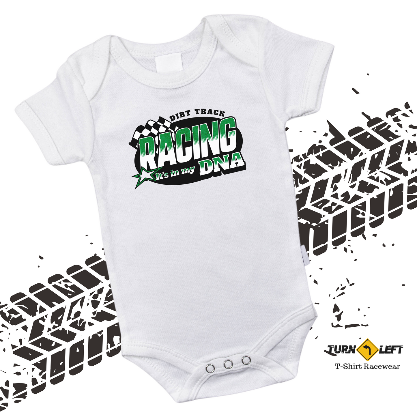 Baby checkered flag t-shirt. Infant dirt track racing one piece tee. Baby dirt racing gifts