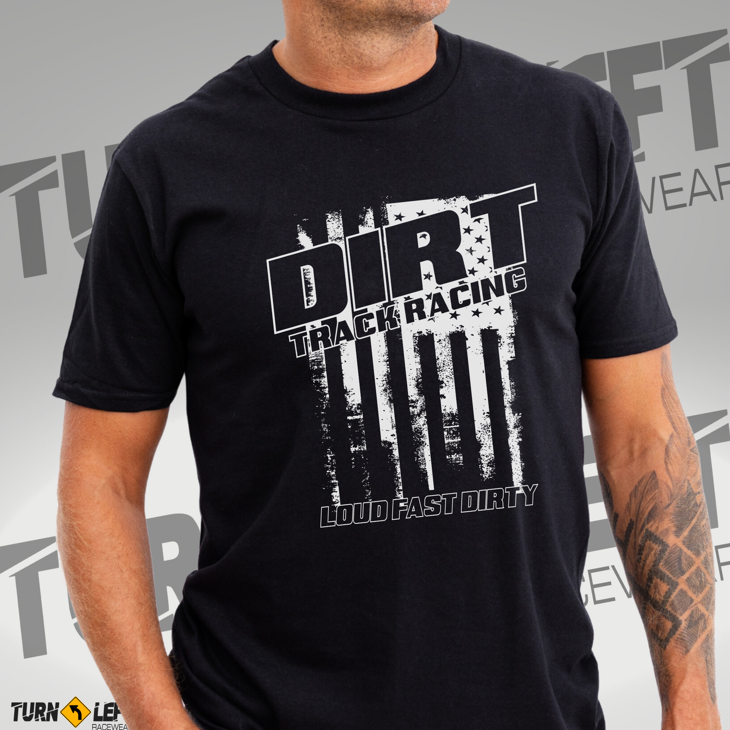 Distressed American Flag Dirt Racing Loud Fast And Dirty Heavy Cotton Tee