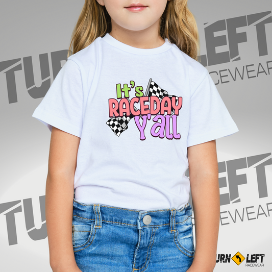 Kids Dirt Track Racing Shirts. It's Raceday Y'all Tee. Girls checker flag racing shirts. Car Racing Shirts for kids.