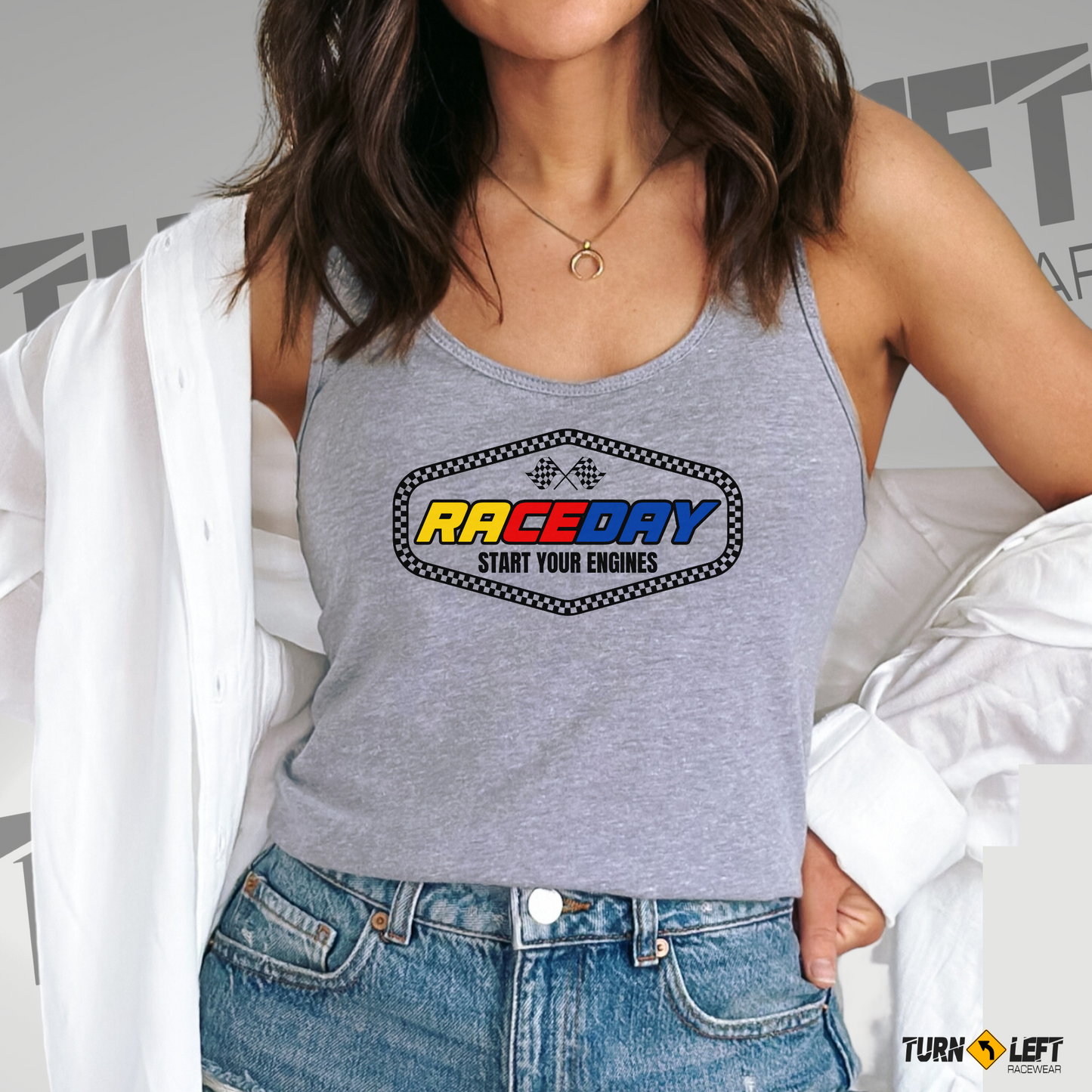 Raceday Start Your Engines Shirts, Woman's Checker Flag Race track tank tops.