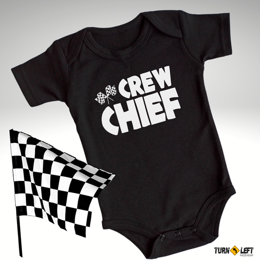 BABY RACING GIFTS CREW CHIEF ONESIES. INFANT RACING GIFTS CHECKERED FLAG RACING SHIRTS FOR BABIES.