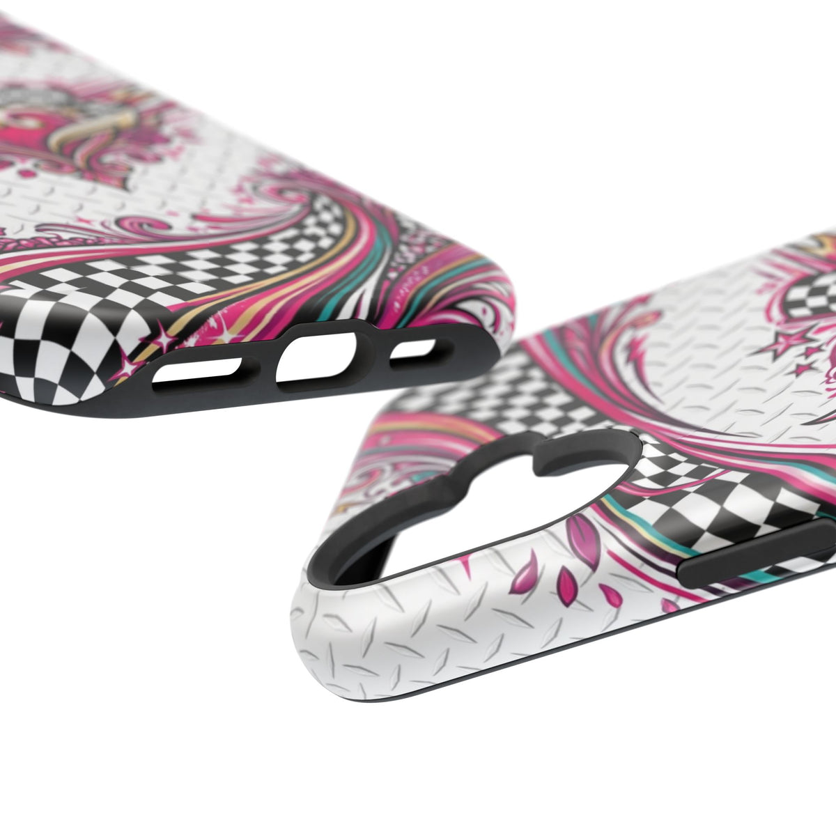 Magnetic Phone Case – Pink Paisley Heart & Checkerboard Design