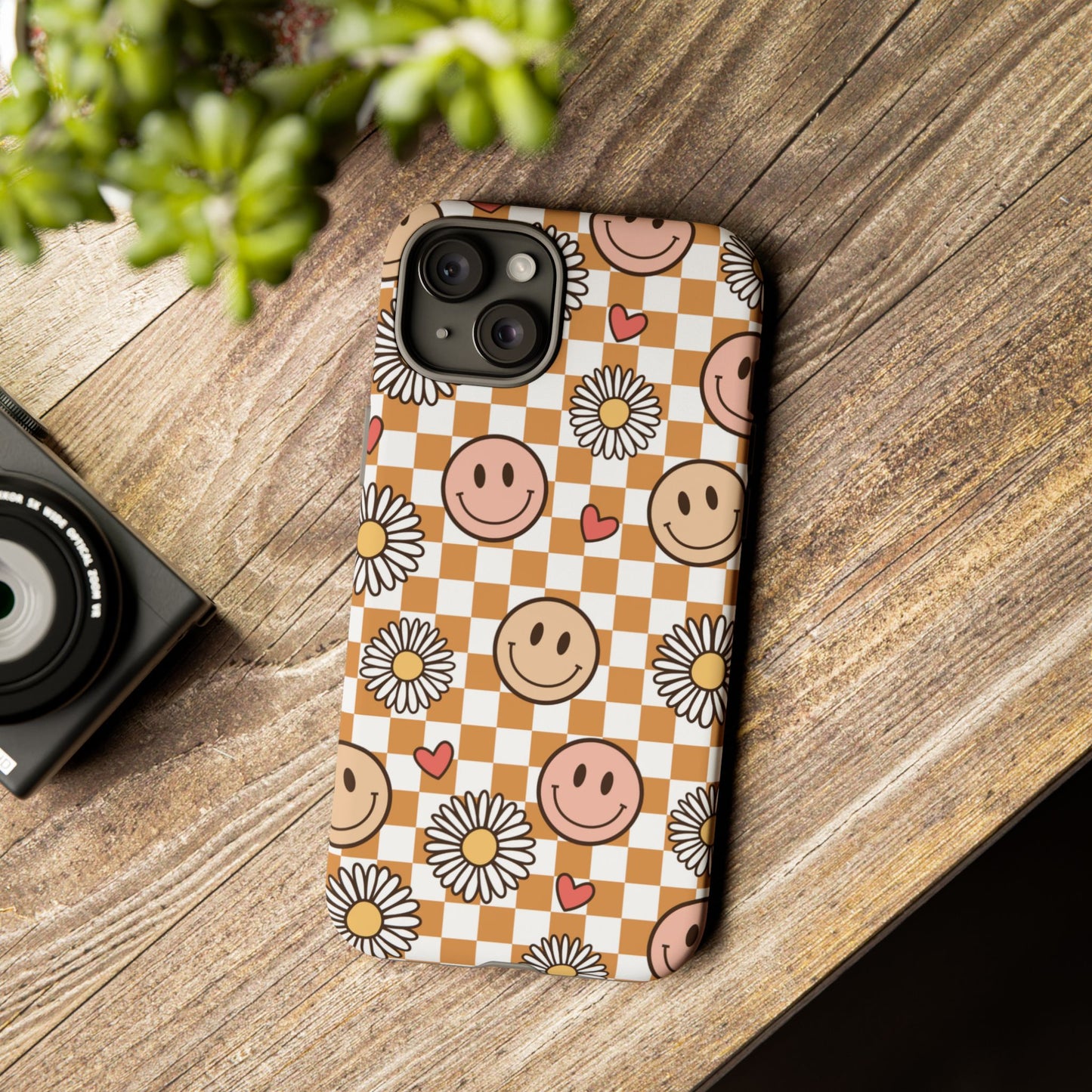 Checkerboard Happy Faces and Daisies, Cheerful Phone Cover Tough Case