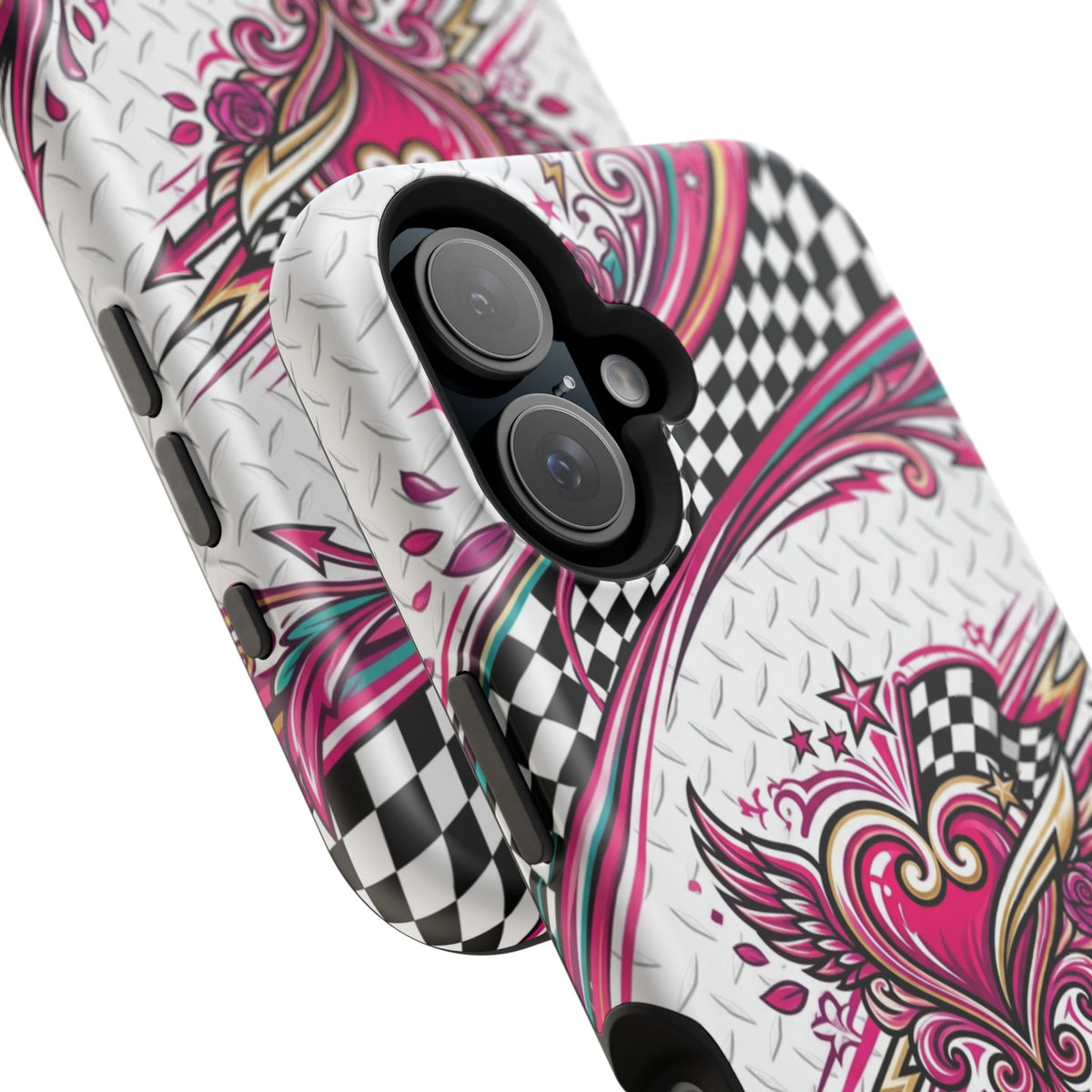 Magnetic Phone Case – Pink Paisley Heart & Checkerboard Design