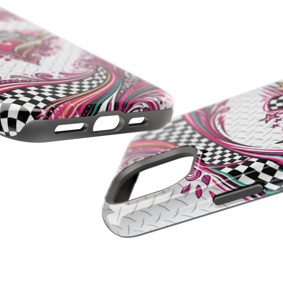 Magnetic Phone Case – Pink Paisley Heart & Checkerboard Design