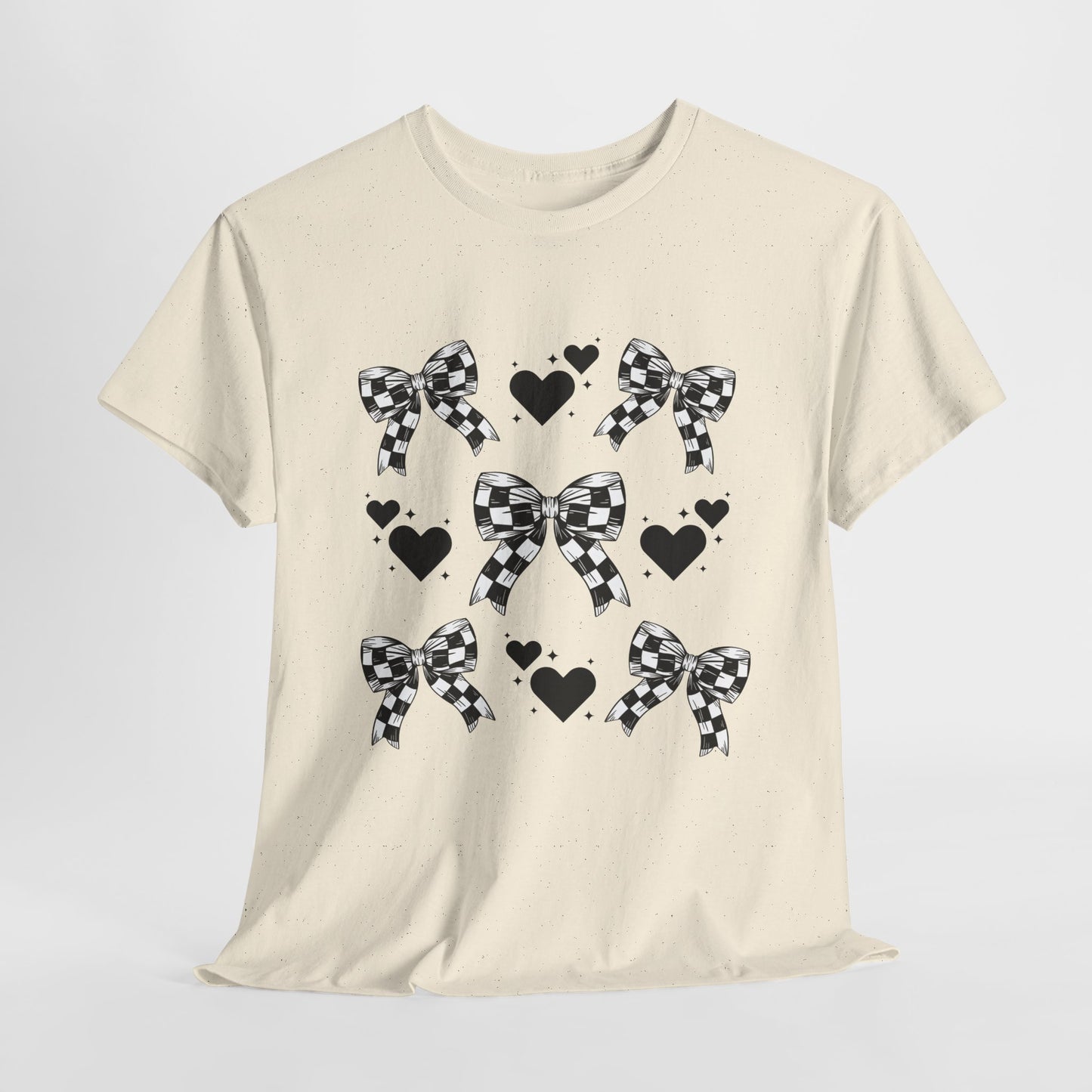 Checkered Flag Bows & Hearts Pattern Tee, Cute Graphic T-Shirt, Casual Wear, Gifts for Her, Everyday Style