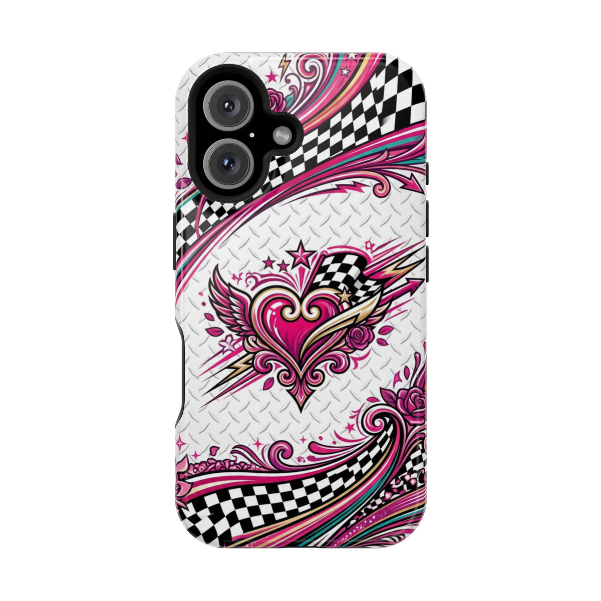 Magnetic Phone Case – Pink Paisley Heart & Checkerboard Design