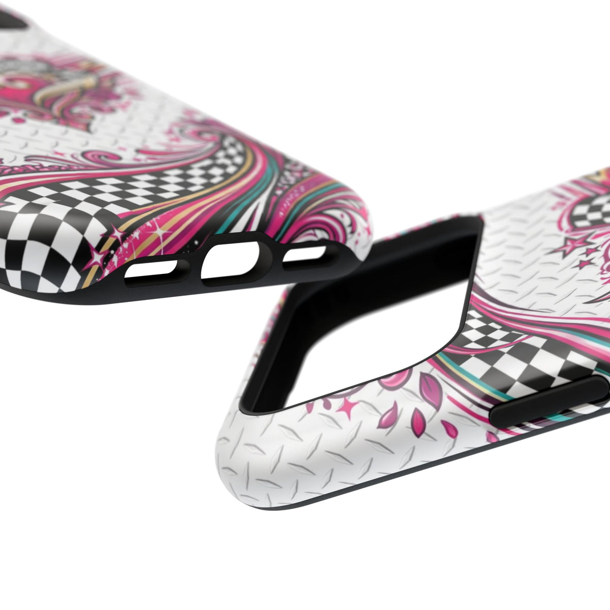 Magnetic Phone Case – Pink Paisley Heart & Checkerboard Design