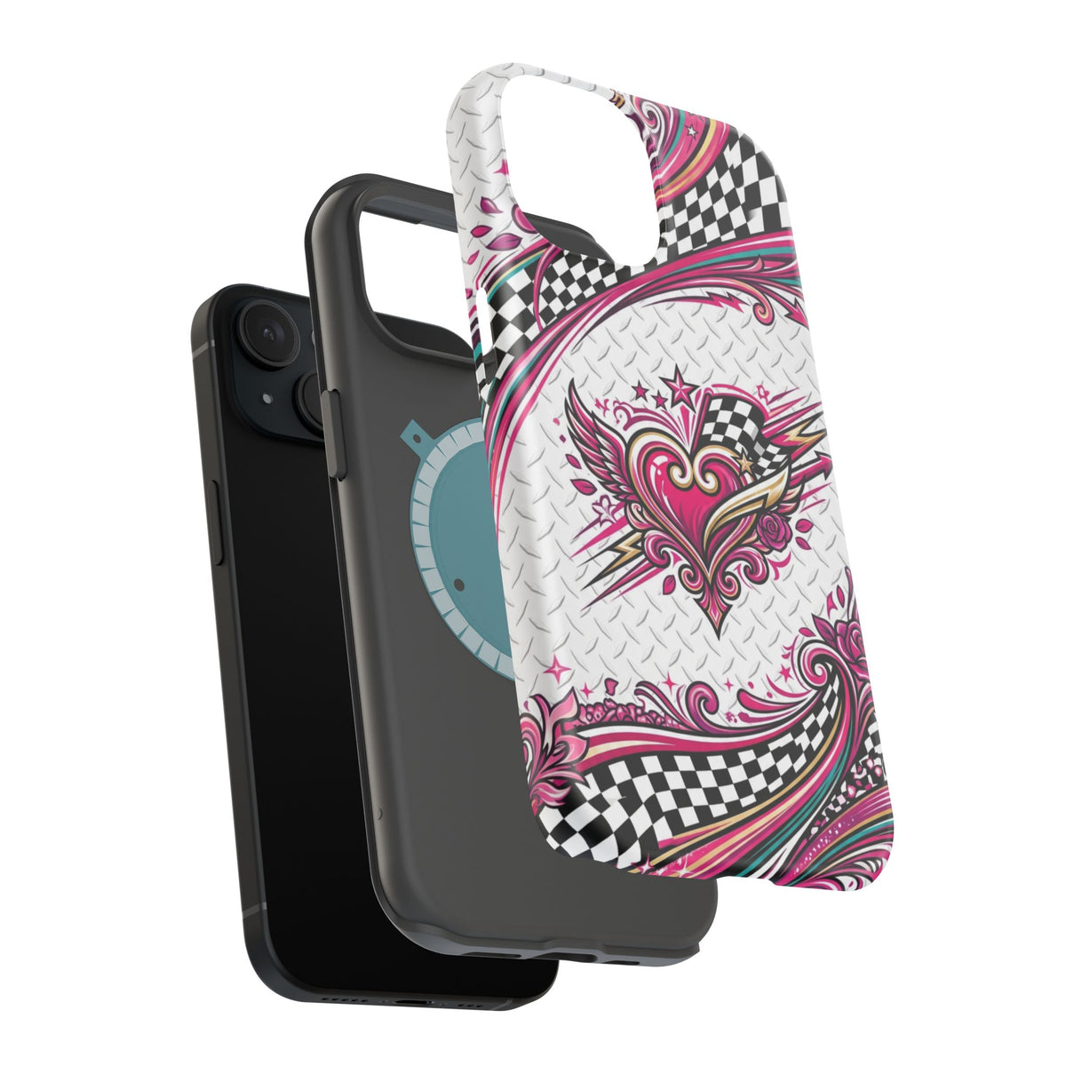 Magnetic Phone Case – Pink Paisley Heart & Checkerboard Design