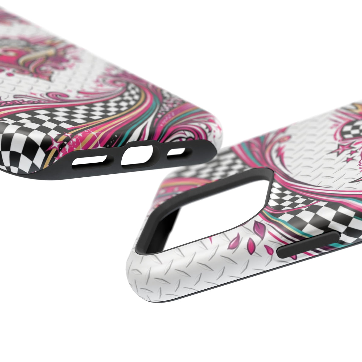 Magnetic Phone Case – Pink Paisley Heart & Checkerboard Design