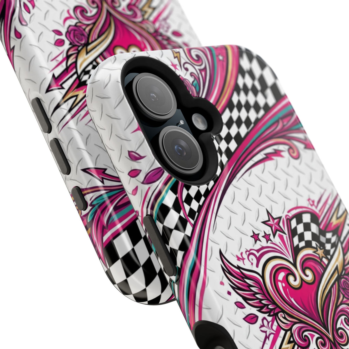 Magnetic Phone Case – Pink Paisley Heart & Checkerboard Design
