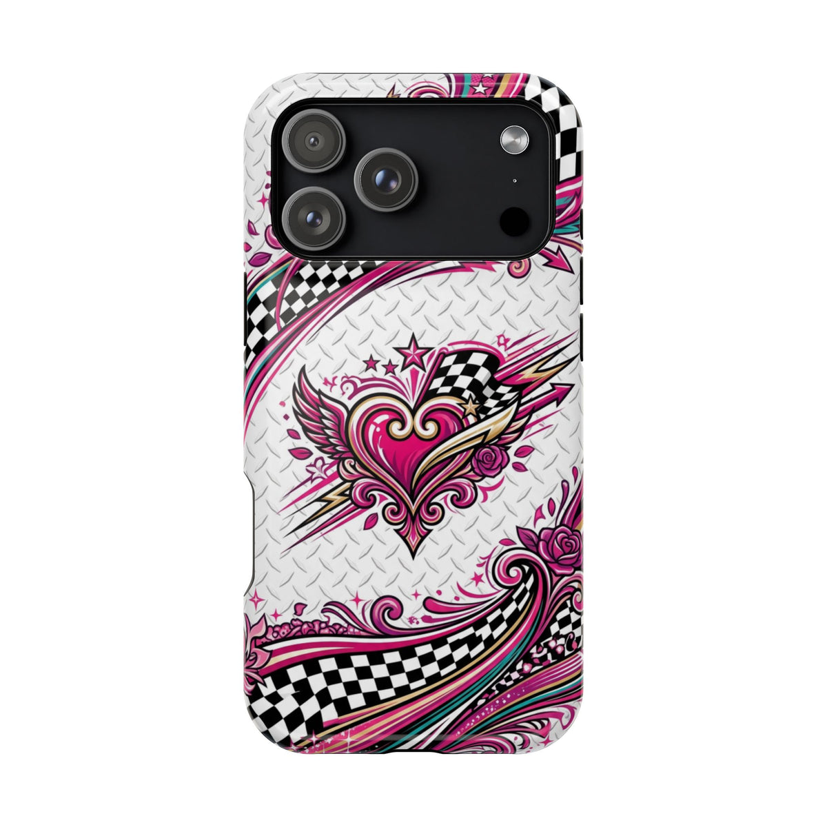 Magnetic Phone Case – Pink Paisley Heart & Checkerboard Design