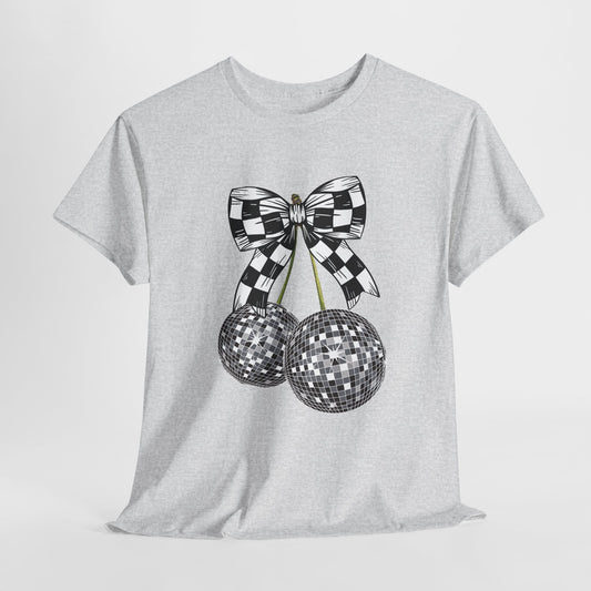 Retro Disco Ball Checkered Flag Bow Racing T-shirt
