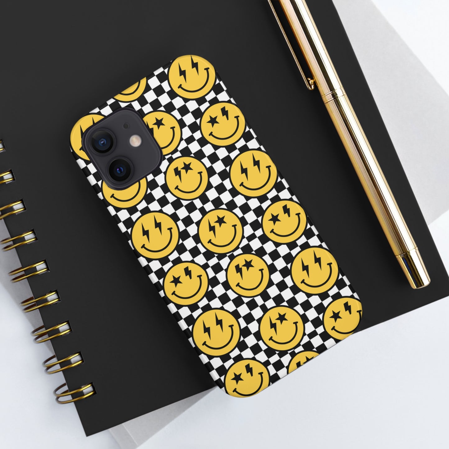 Black And White Checkered Flag Happy Face Tough Phone Cases