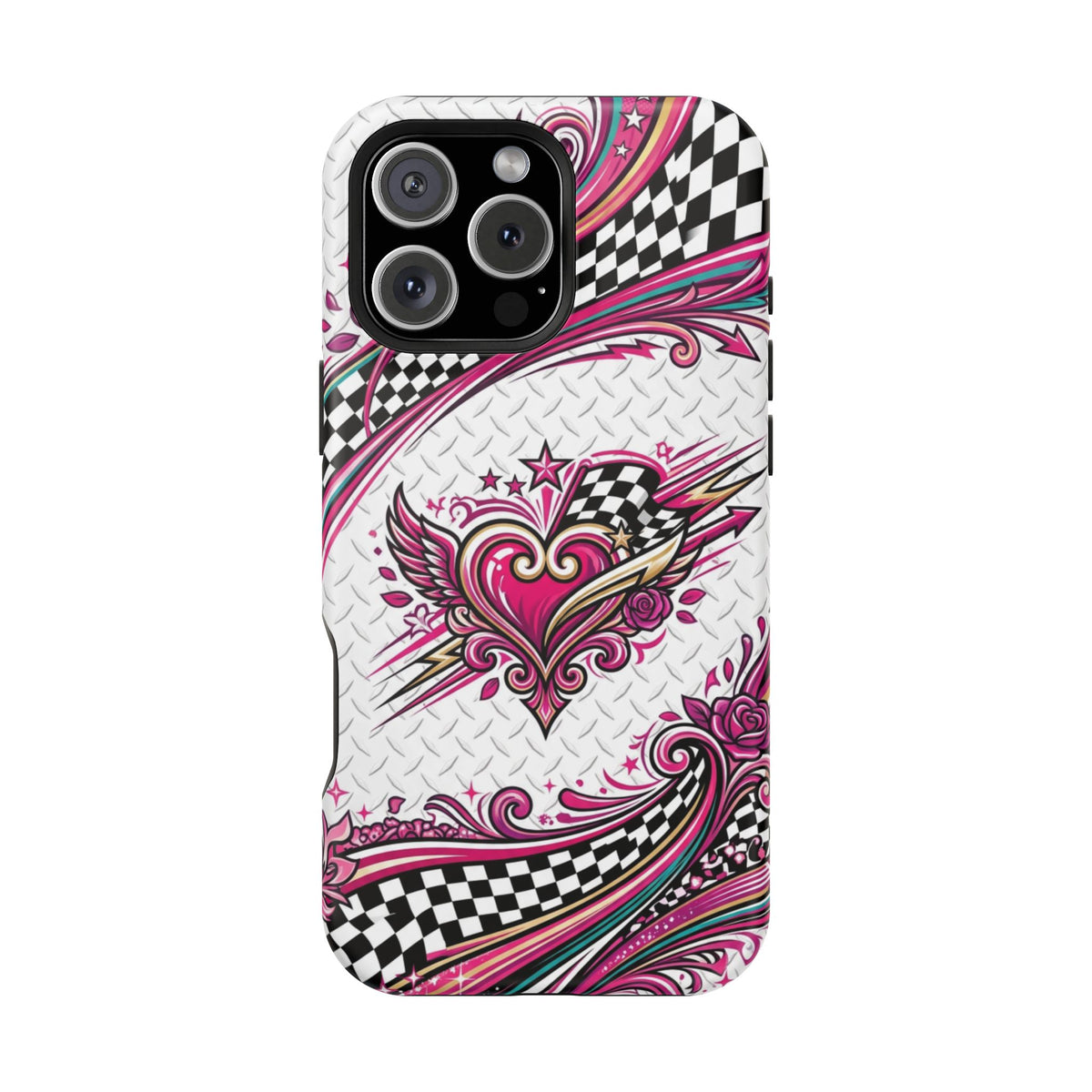 Magnetic Phone Case – Pink Paisley Heart & Checkerboard Design