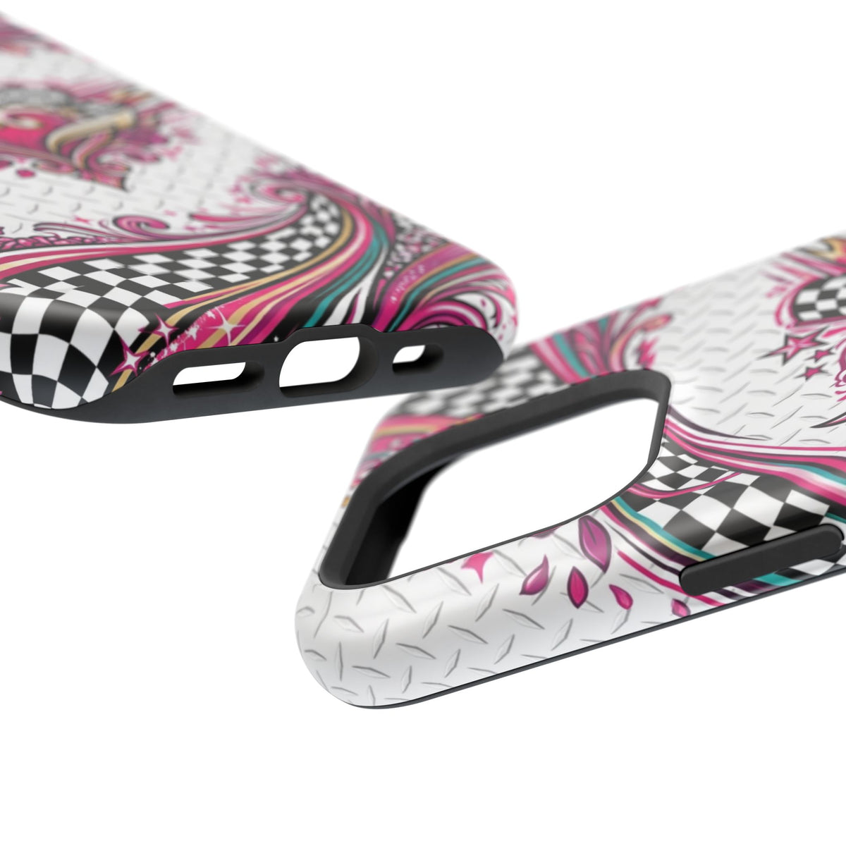 Magnetic Phone Case – Pink Paisley Heart & Checkerboard Design