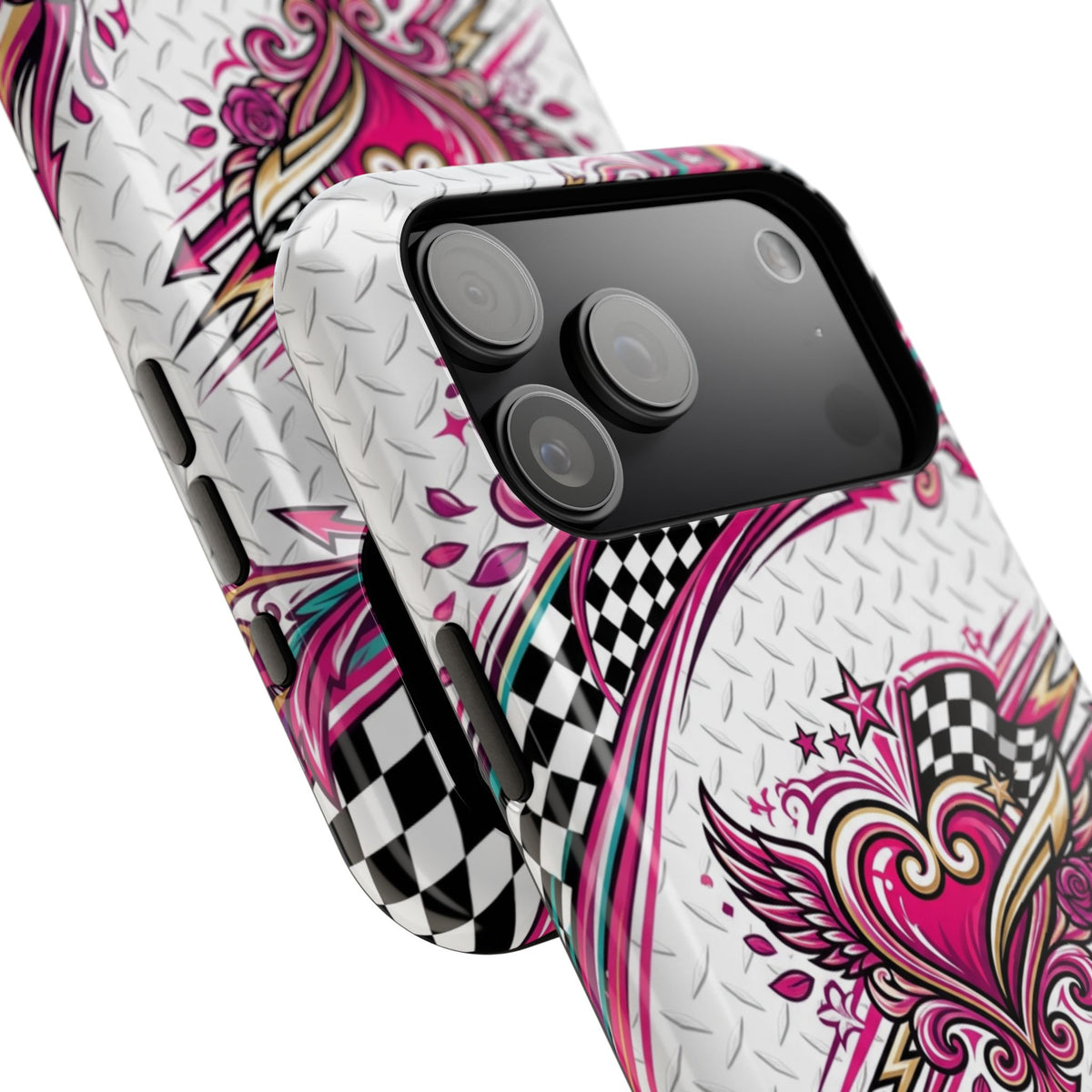 Magnetic Phone Case – Pink Paisley Heart & Checkerboard Design