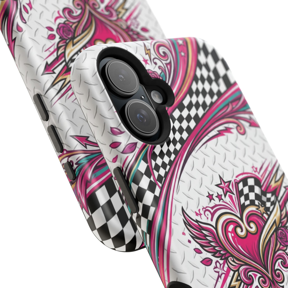Magnetic Phone Case – Pink Paisley Heart & Checkerboard Design