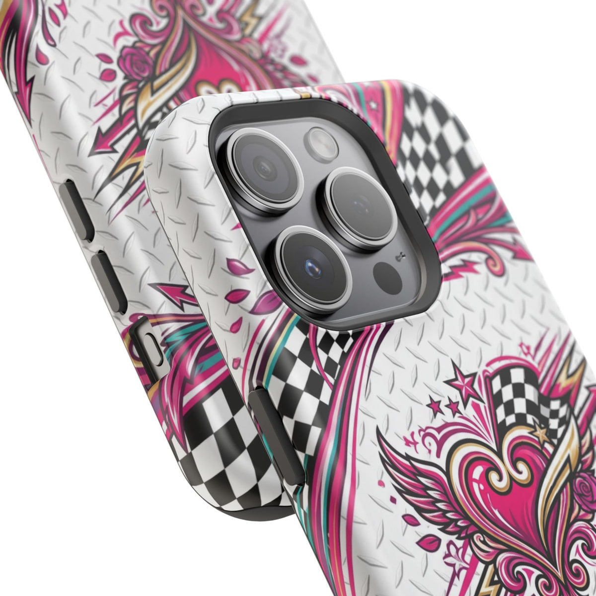 Magnetic Phone Case – Pink Paisley Heart & Checkerboard Design