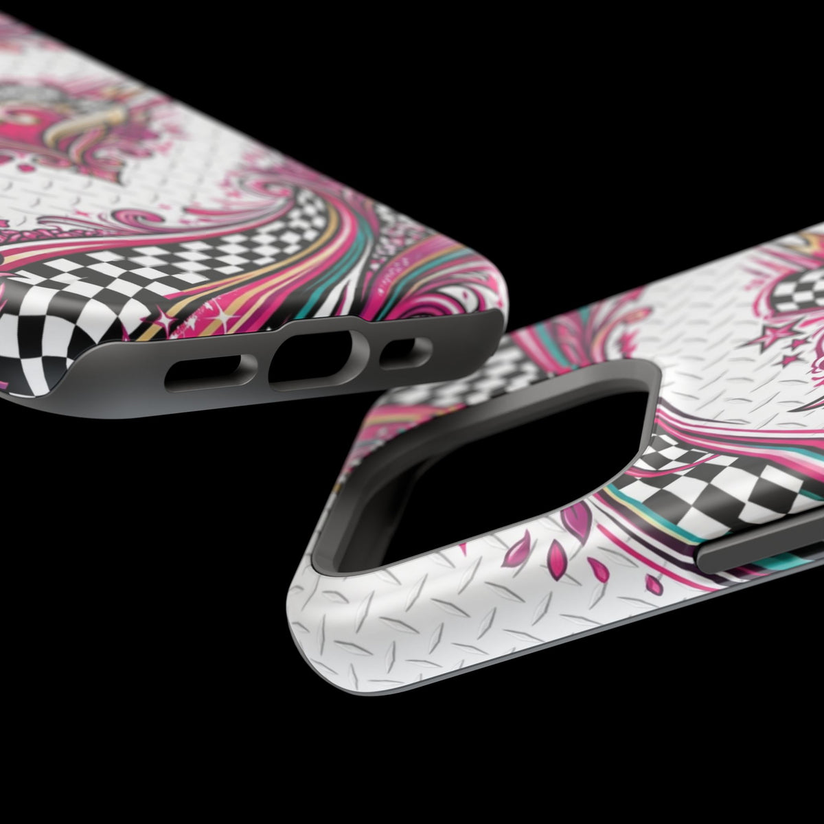 Magnetic Phone Case – Pink Paisley Heart & Checkerboard Design
