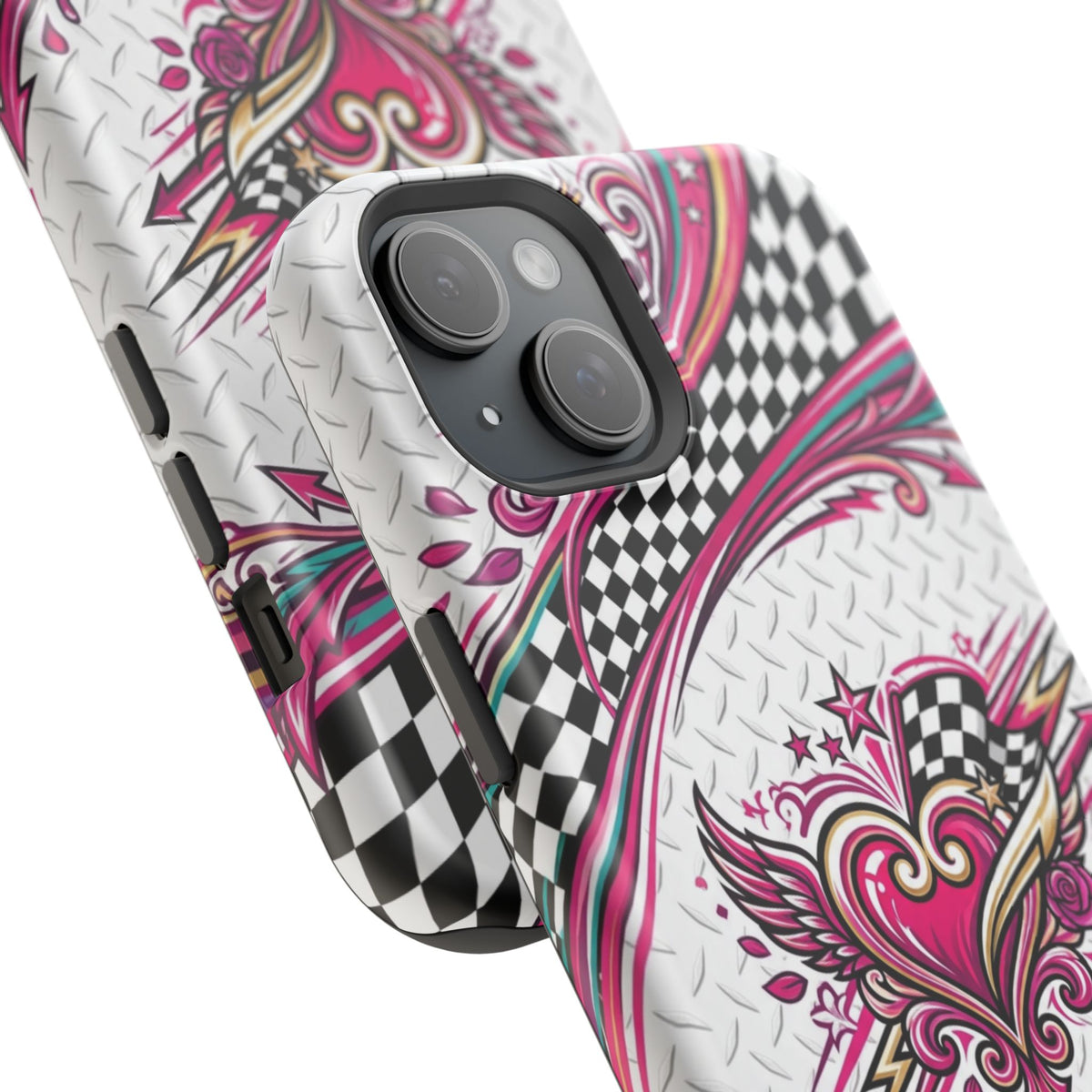 Magnetic Phone Case – Pink Paisley Heart & Checkerboard Design
