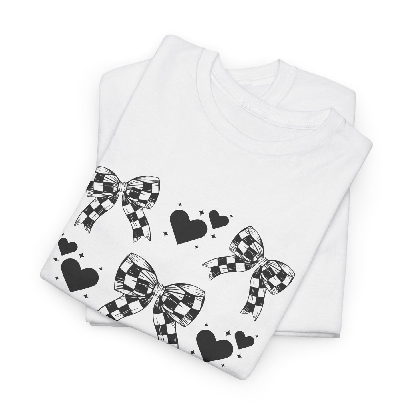 Checkered Flag Bows & Hearts Pattern Tee, Cute Graphic T-Shirt, Casual Wear, Gifts for Her, Everyday Style
