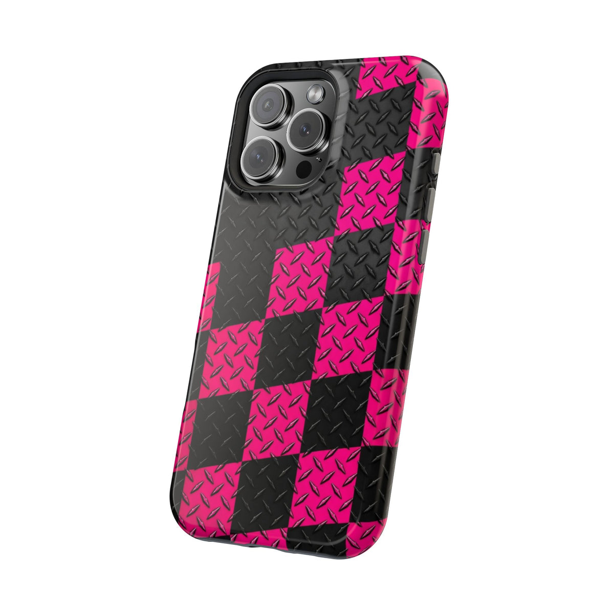 Hot Pink & Black Diamond Plate Checkered Magnetic Phone Case