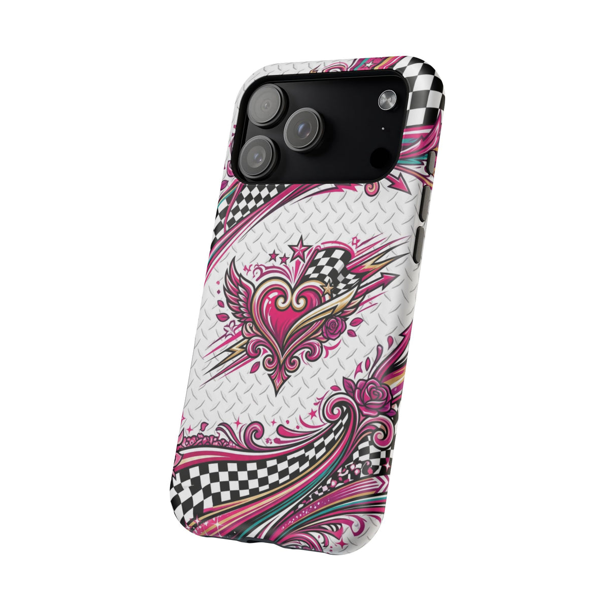 Magnetic Phone Case – Pink Paisley Heart & Checkerboard Design