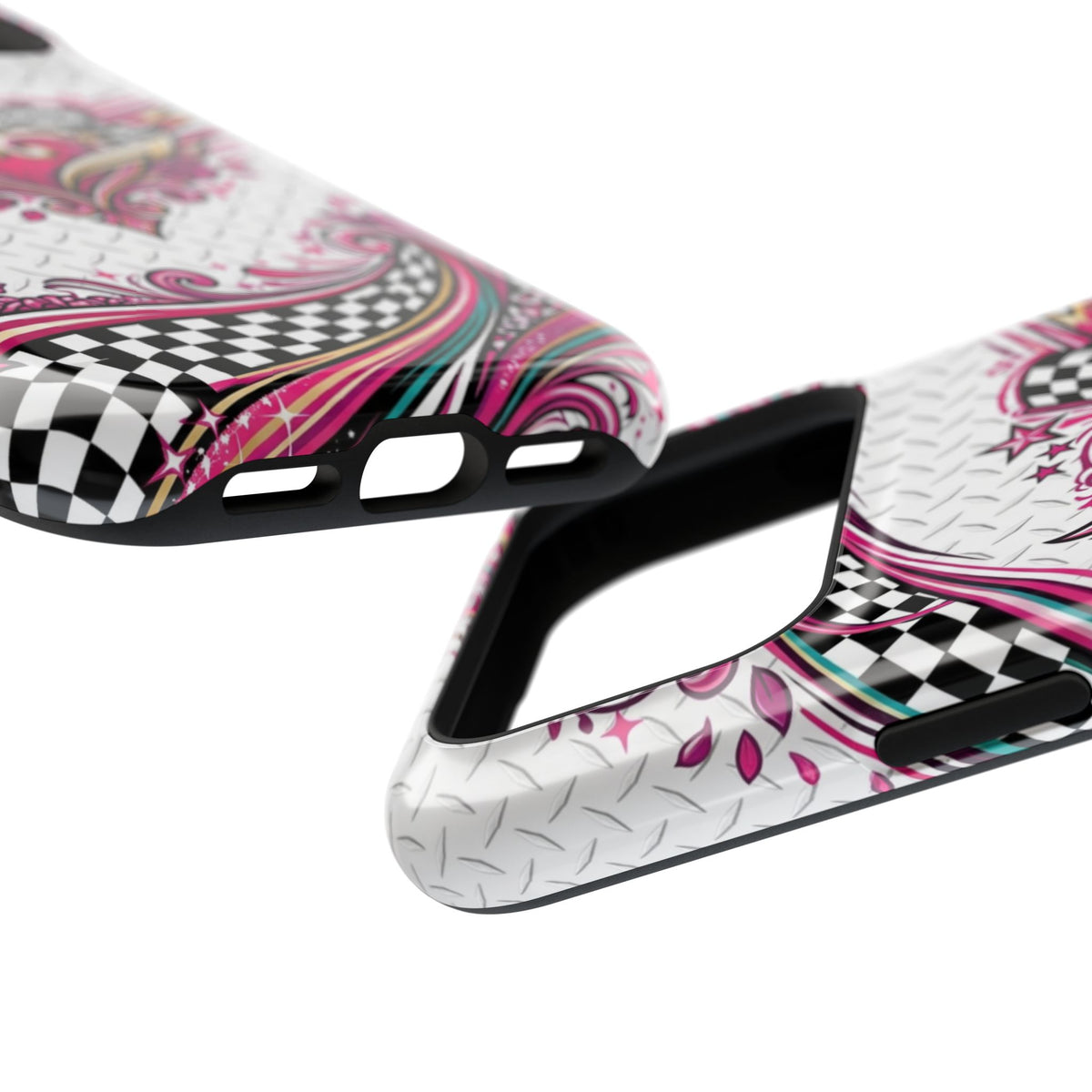 Magnetic Phone Case – Pink Paisley Heart & Checkerboard Design