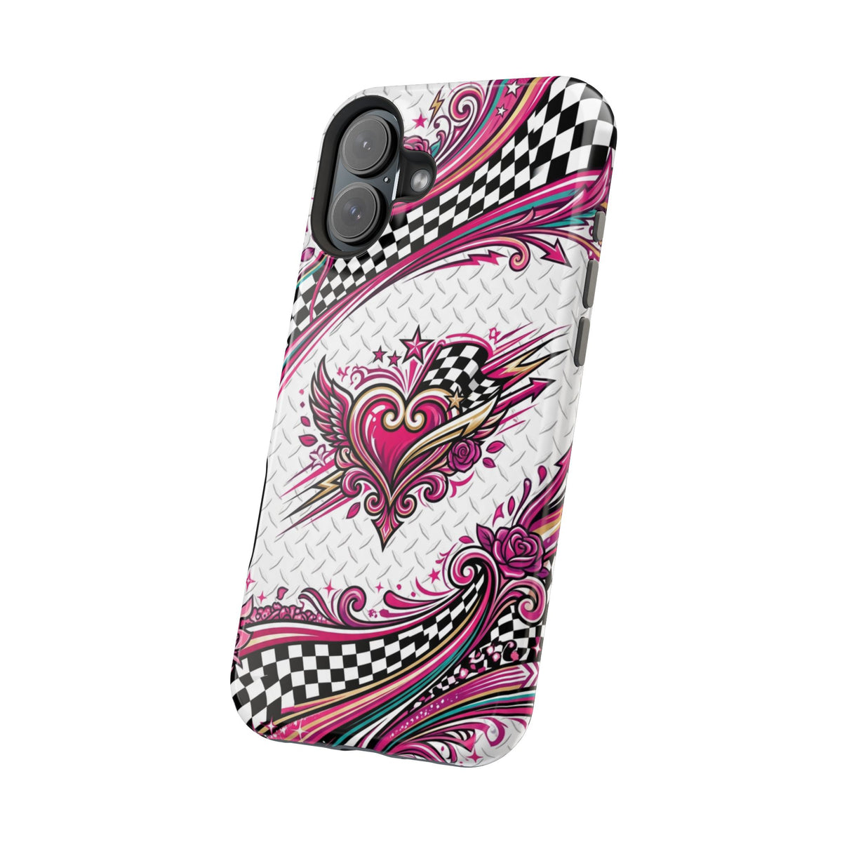Magnetic Phone Case – Pink Paisley Heart & Checkerboard Design