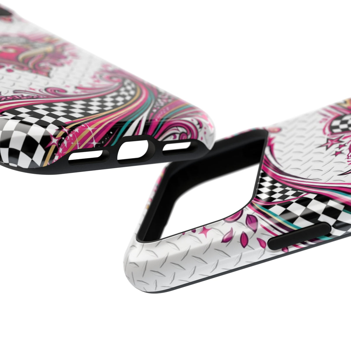 Magnetic Phone Case – Pink Paisley Heart & Checkerboard Design