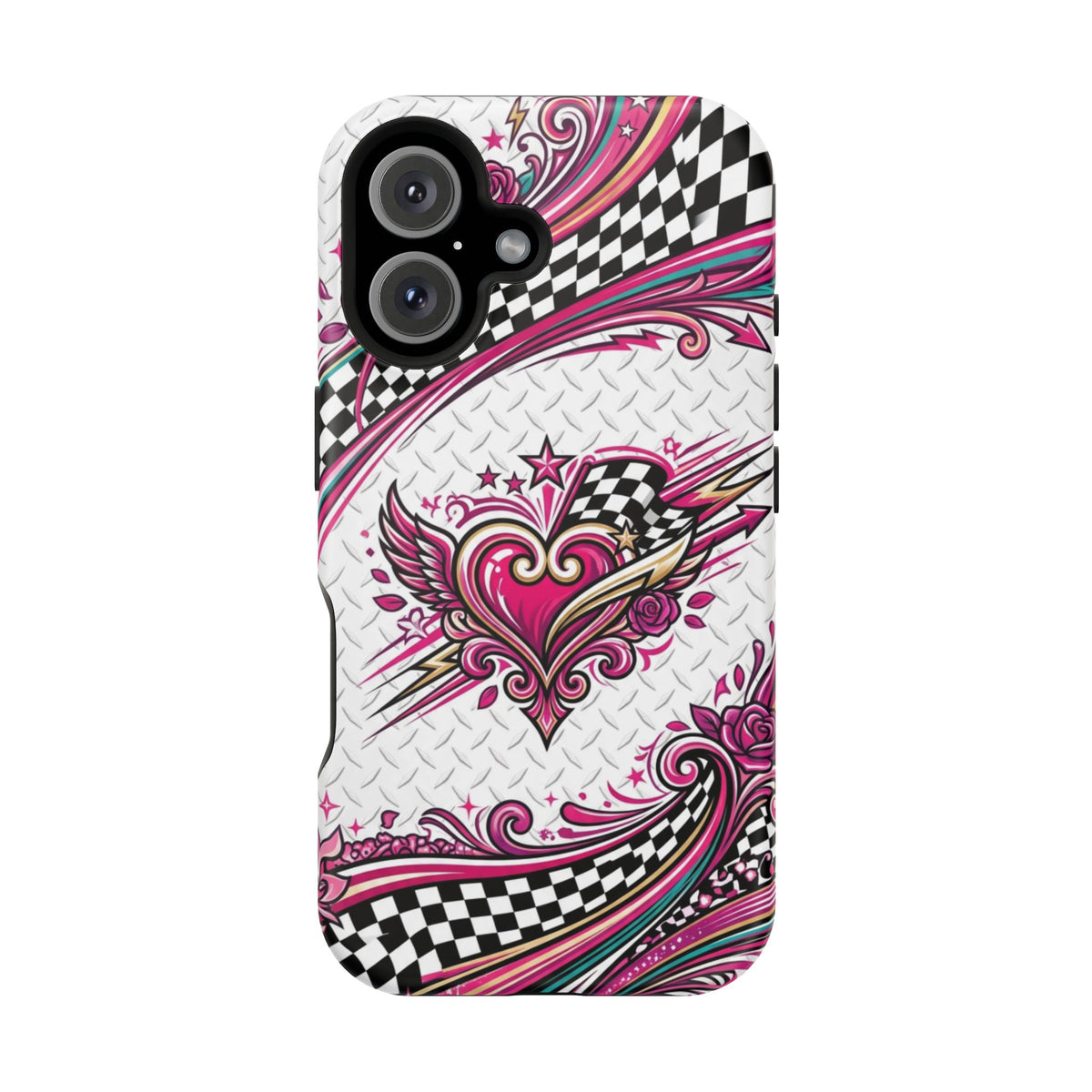 Magnetic Phone Case – Pink Paisley Heart & Checkerboard Design