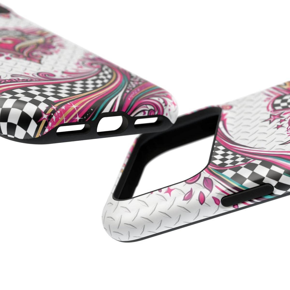 Magnetic Phone Case – Pink Paisley Heart & Checkerboard Design