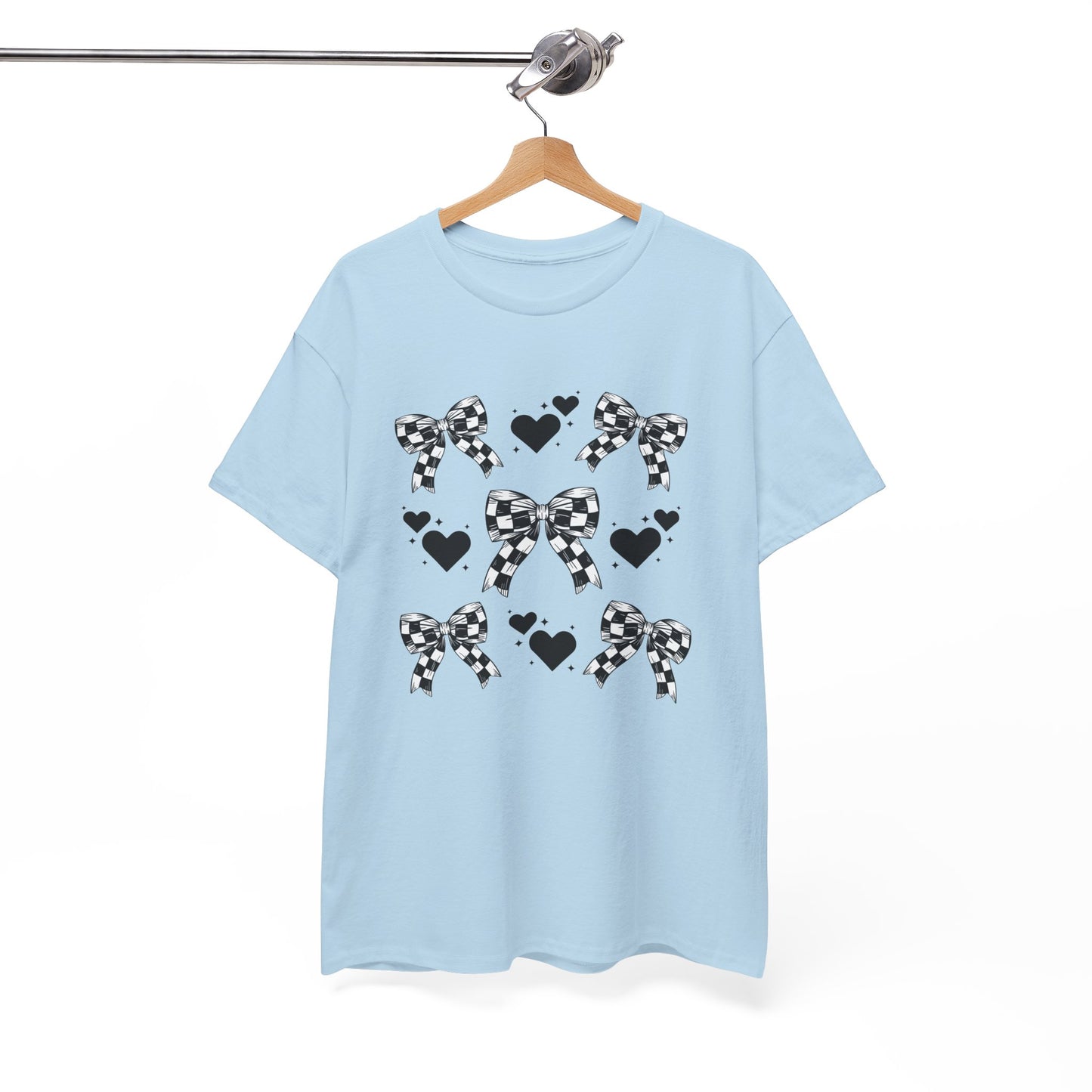 Checkered Flag Bows & Hearts Pattern Tee, Cute Graphic T-Shirt, Casual Wear, Gifts for Her, Everyday Style