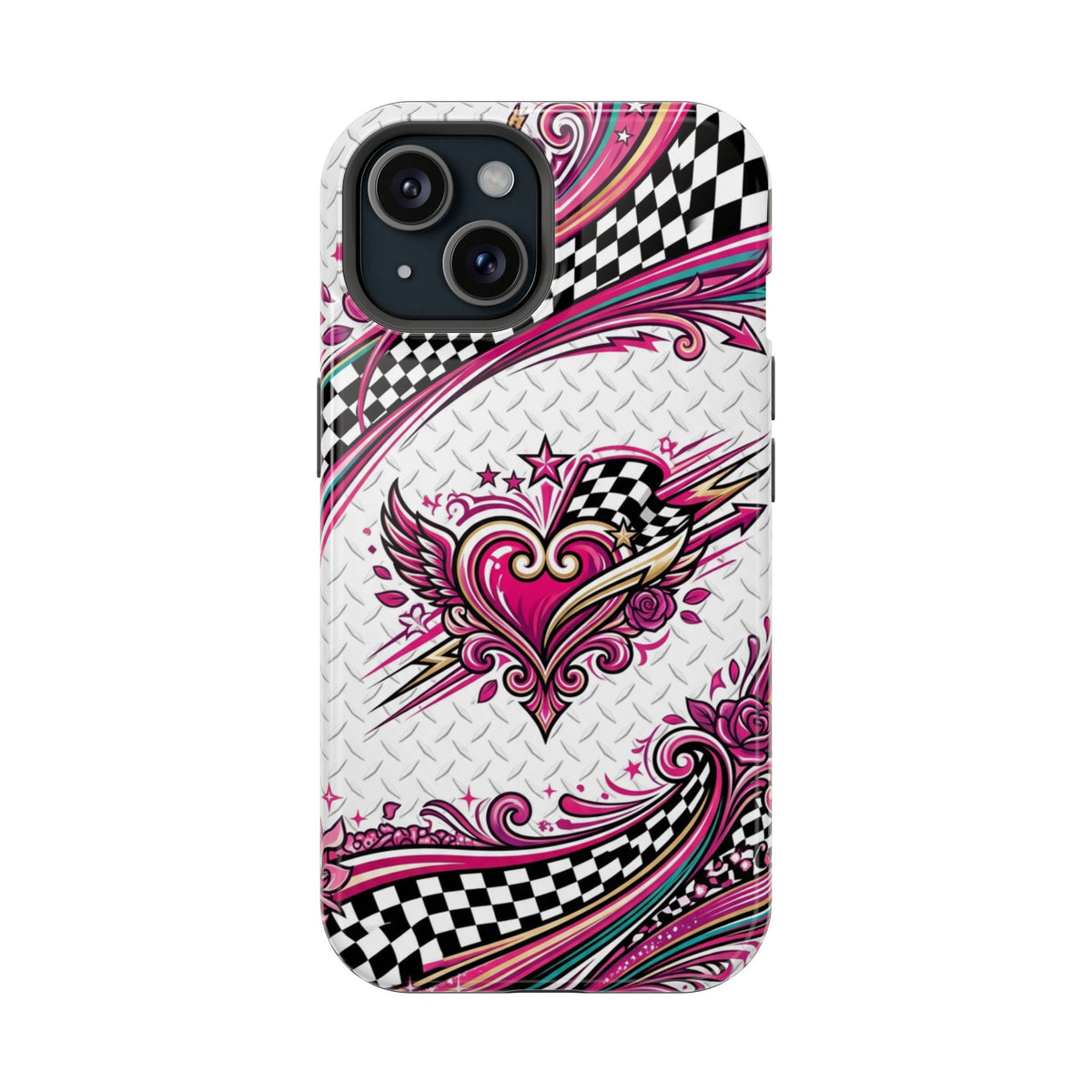 Magnetic Phone Case – Pink Paisley Heart & Checkerboard Design