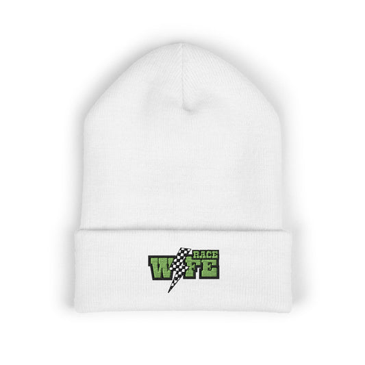 Classic Cuffed Beanie with Embroidered Race Wife Lightning Design