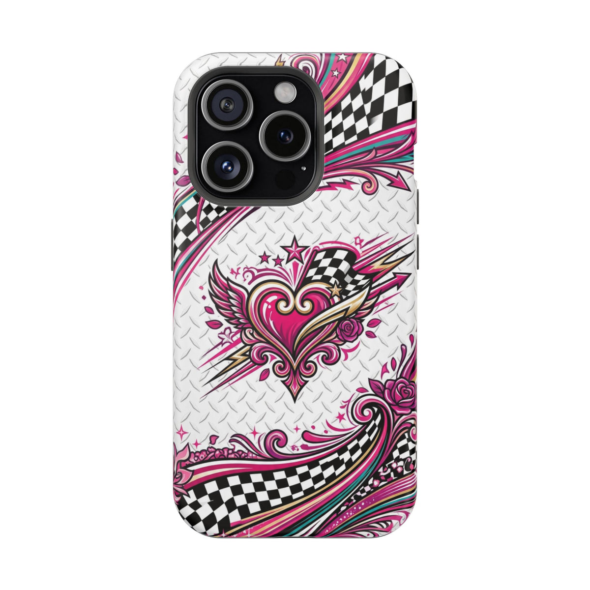 Magnetic Phone Case – Pink Paisley Heart & Checkerboard Design