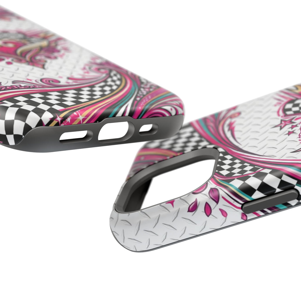 Magnetic Phone Case – Pink Paisley Heart & Checkerboard Design