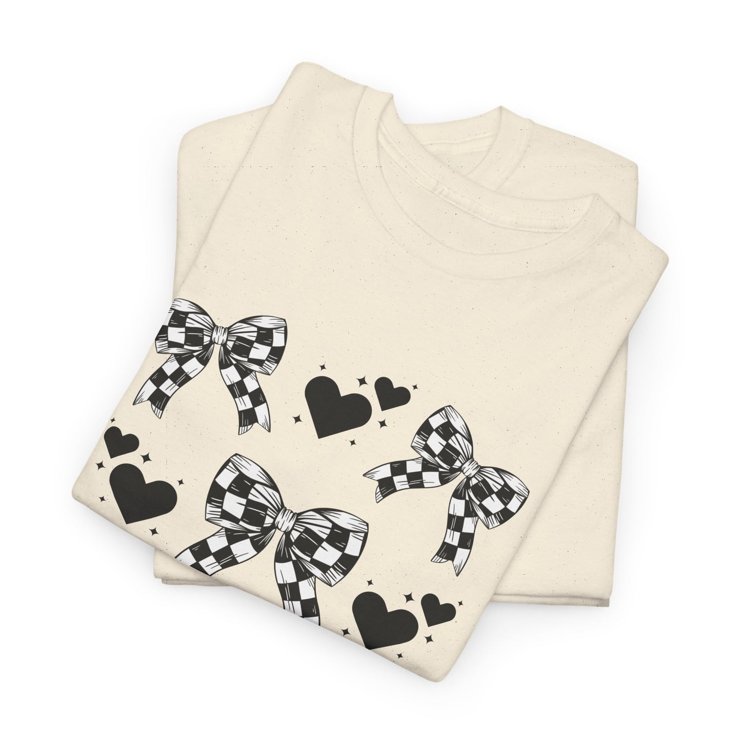 Checkered Flag Bows & Hearts Pattern Tee, Cute Graphic T-Shirt, Casual Wear, Gifts for Her, Everyday Style