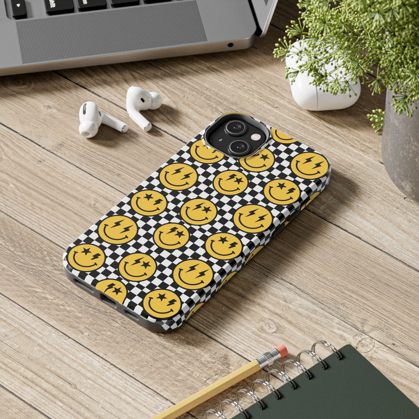 Black And White Checkered Flag Happy Face Tough Phone Cases