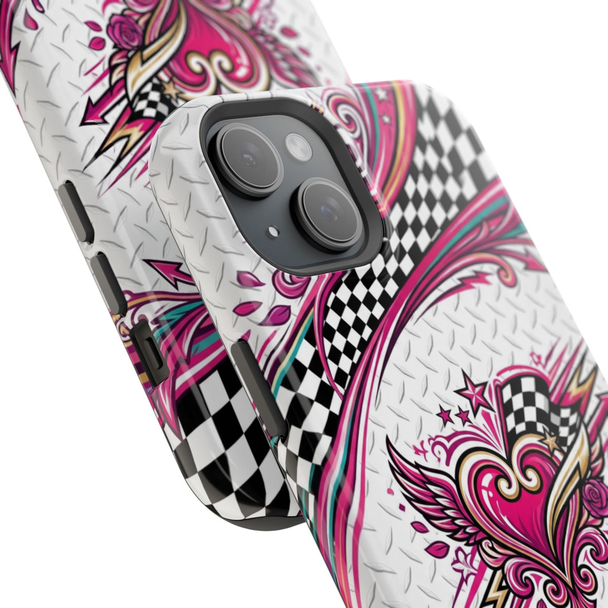Magnetic Phone Case – Pink Paisley Heart & Checkerboard Design