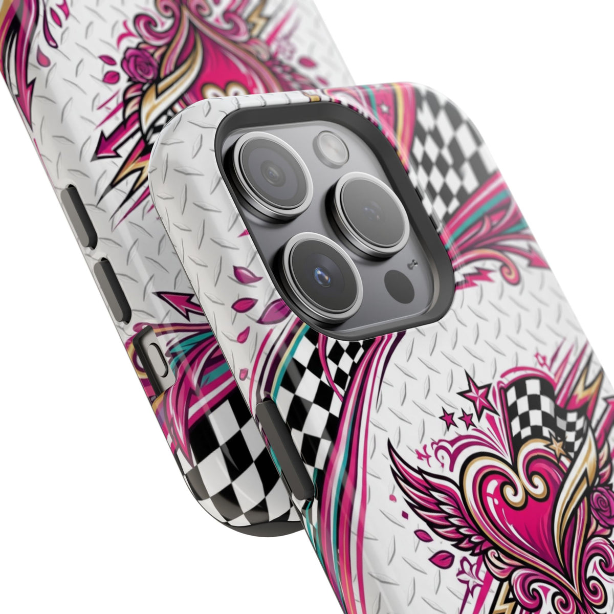 Magnetic Phone Case – Pink Paisley Heart & Checkerboard Design