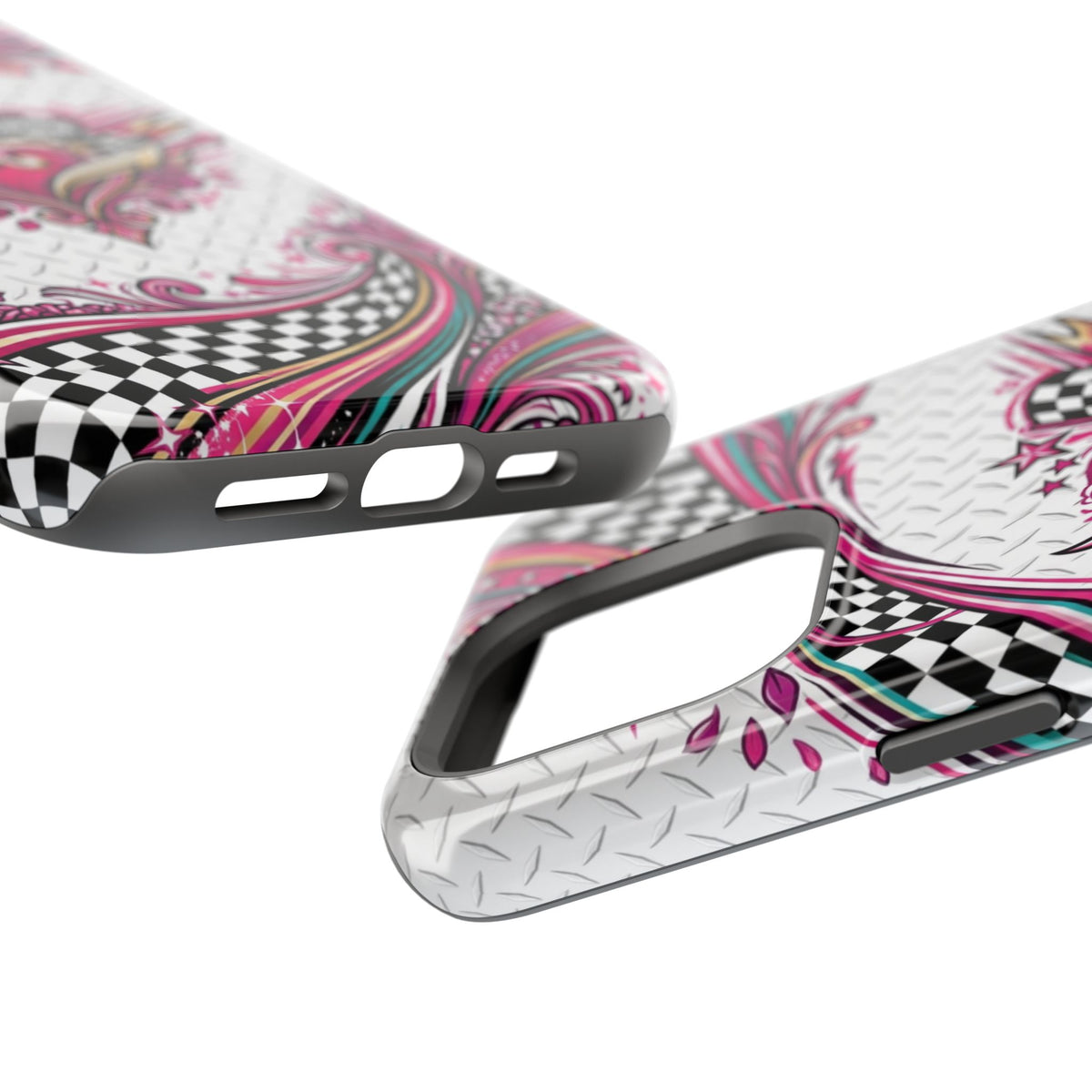 Magnetic Phone Case – Pink Paisley Heart & Checkerboard Design